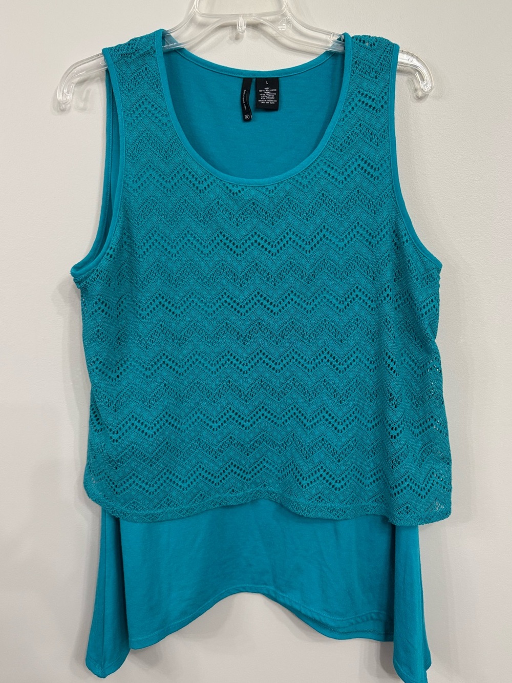 New Directions Teal Chevron Lace Layered Tank Top, Large